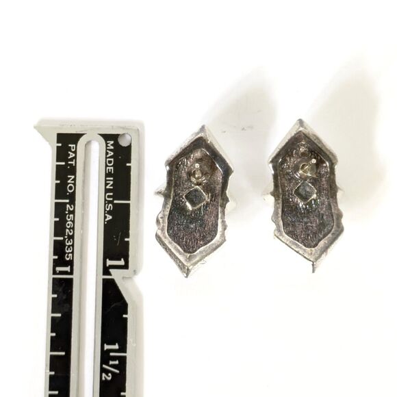 VTG Art Deco Style Black Faux Onyx Clear Rhinestone Silver Tone Pierced Earrings - Picture 6 of 7